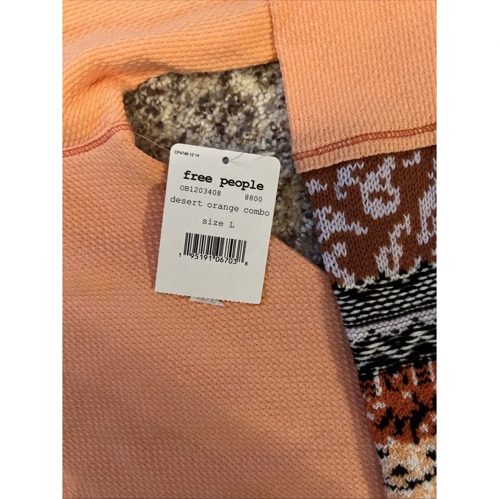 Free People New Top SzL Womens In The Mix Thermal Cuff Peach Pink Orange Crochet